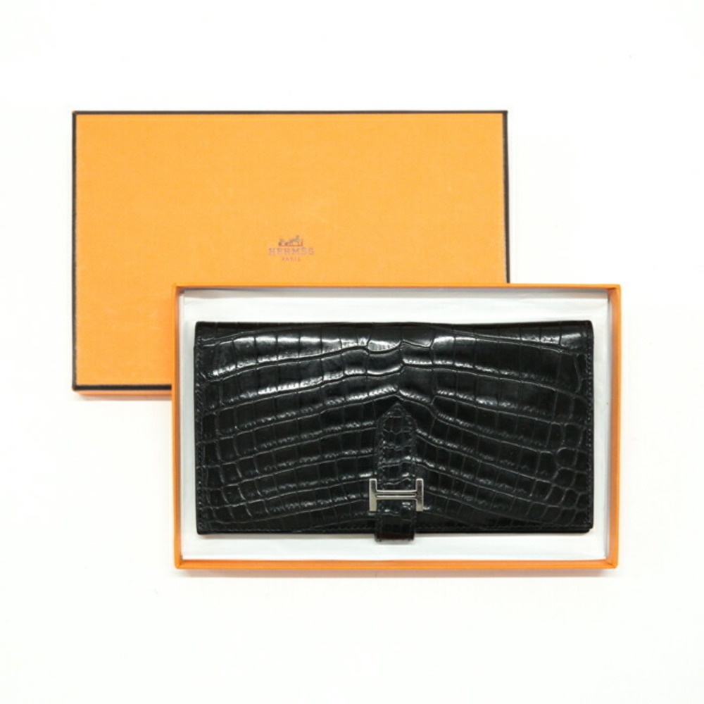 HERMES Bearn Niloticus Exotic Wallet Bifold Crocodile Noir Black